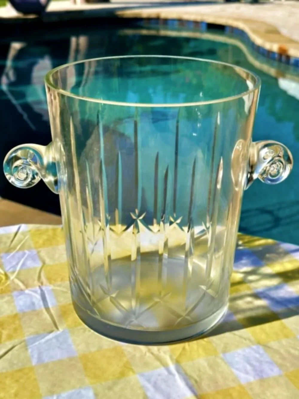 VTG Vertical Cut Glass Ice Bucket Wine Cooler Applied Scroll Handles 9